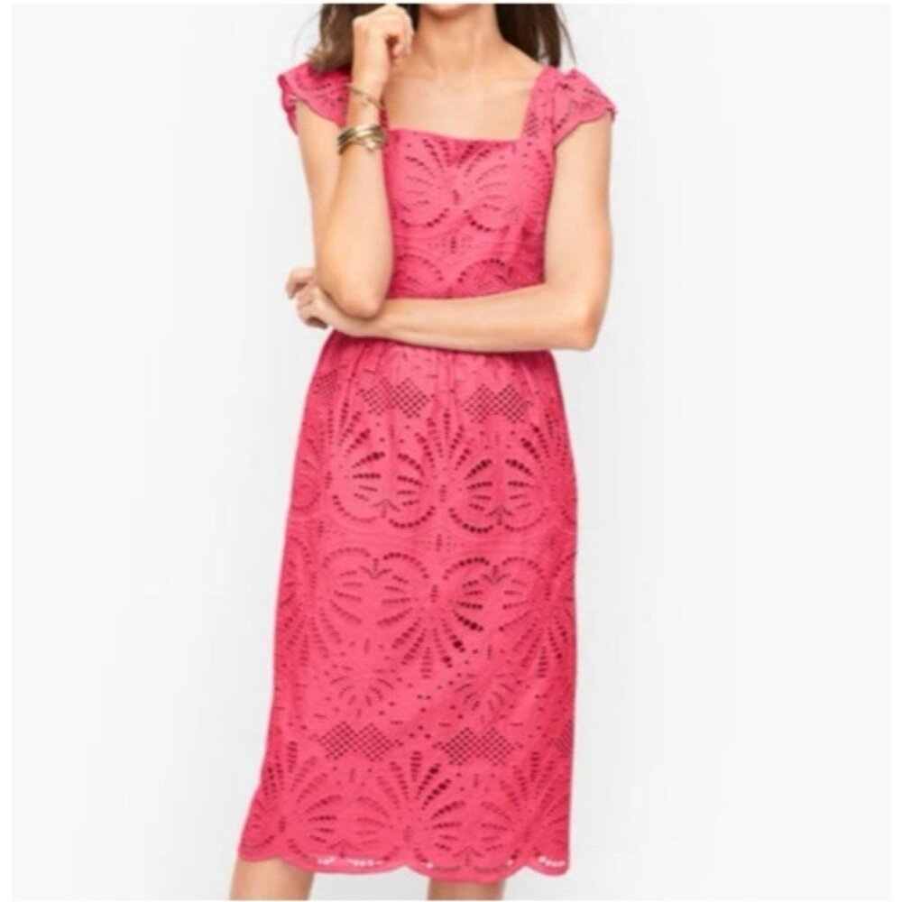 Talbots A Line Dress 12P Coral Pink Lace Flutter Sleeve 100% Cotton Washable